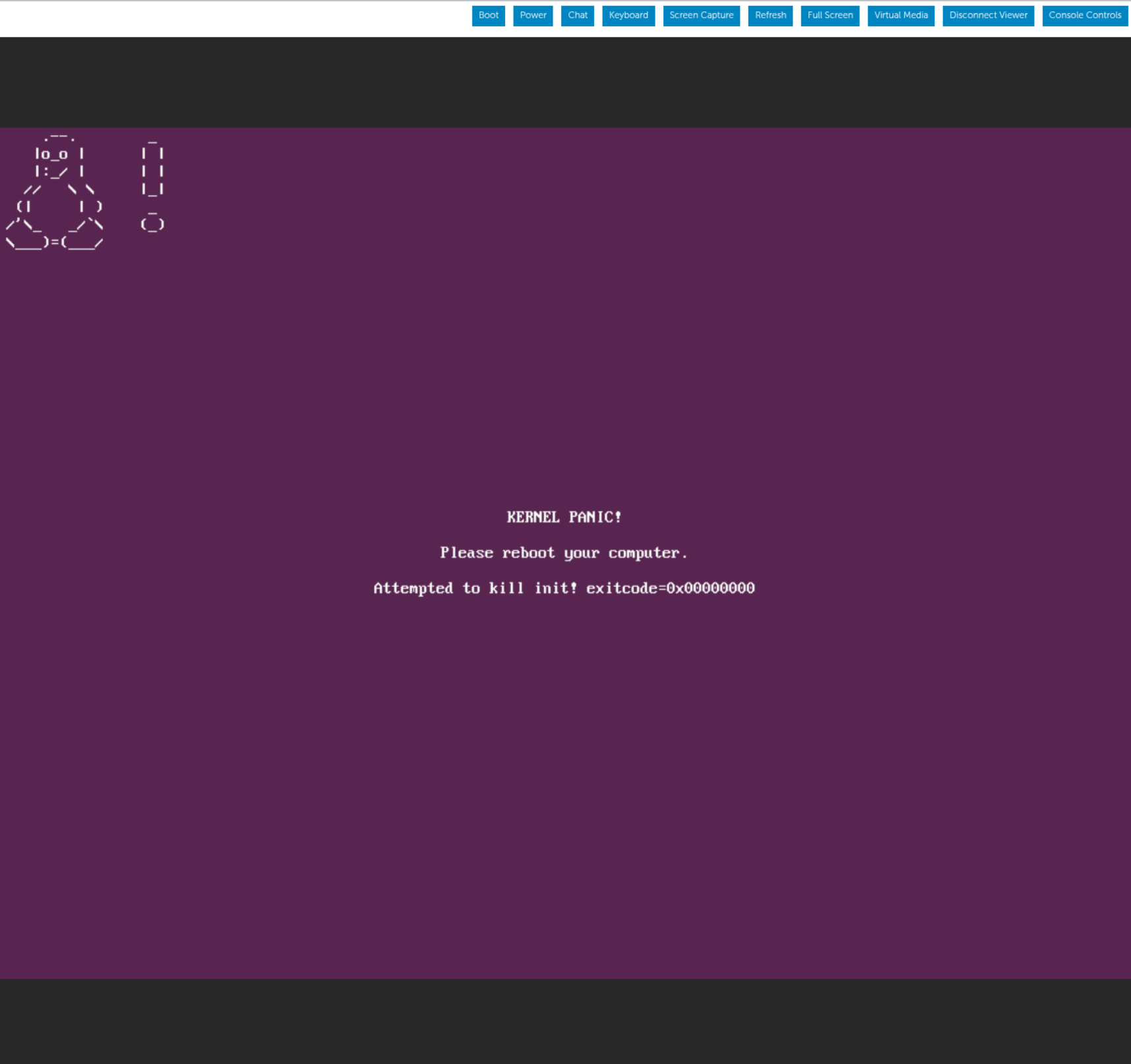 KERNEL PANIC?
Please reboot your computer.
Attempted to kill init! exitcode=0x00000000